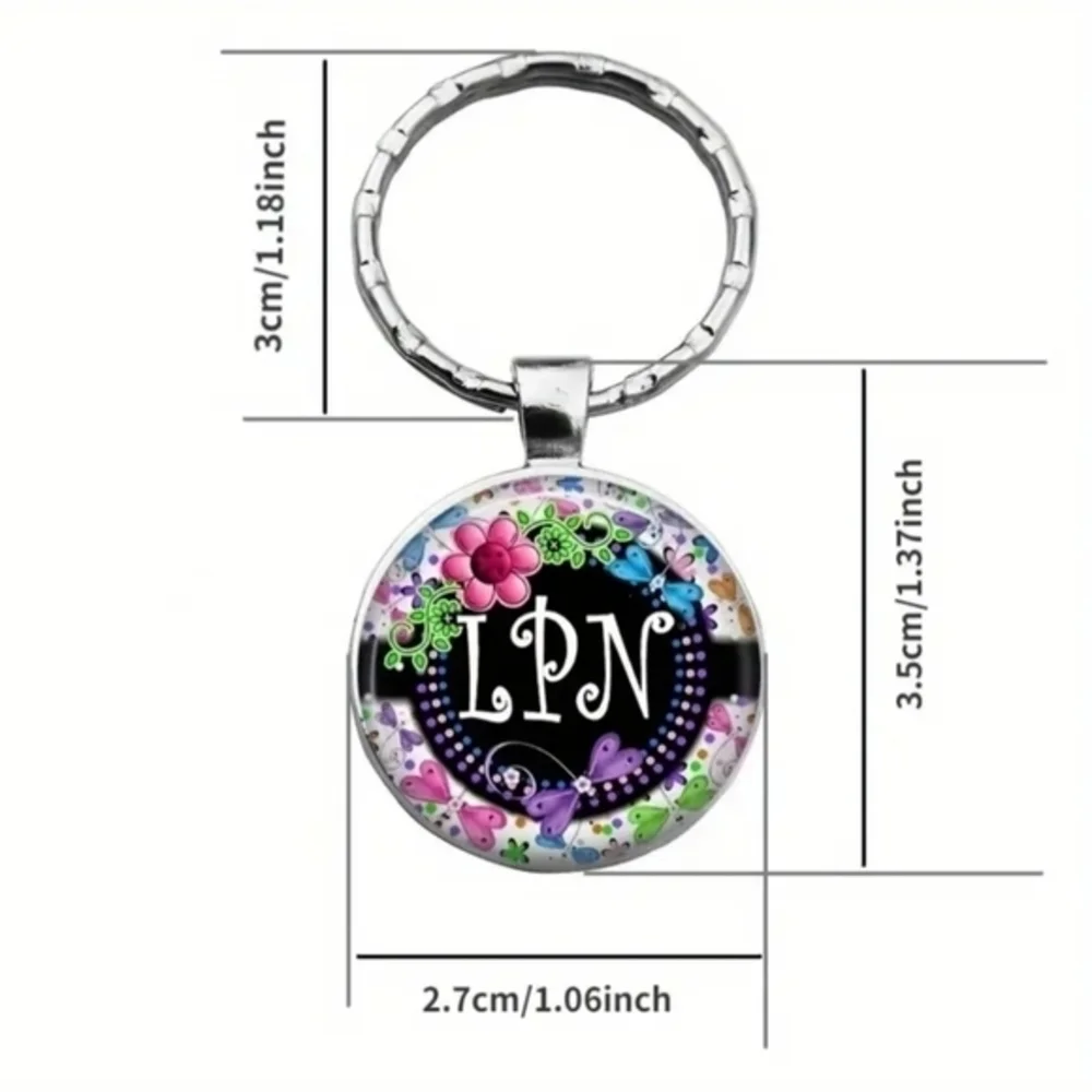 LPN keychain silver round flowers butterfly Nurse‎